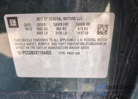 2014 Chevrolet Cruze Lt from USA, damaged, VIN 1G1PC5SBXE7194450